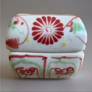 Vietnam Bát Tràng Ceramic Trinket Box Red Floral Hand Painted Lidded Square Jar